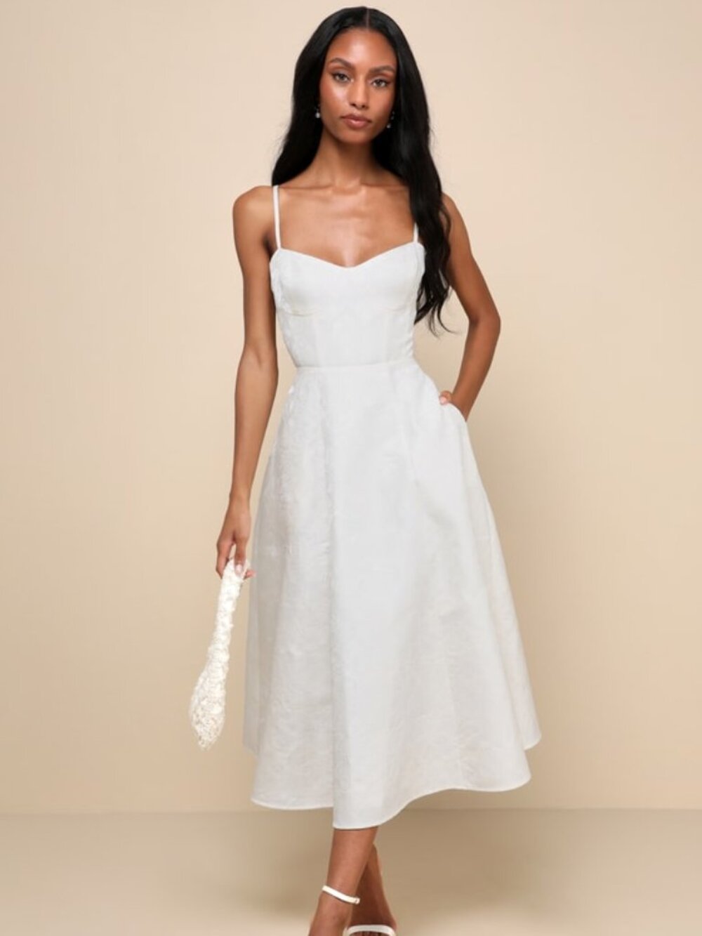 Lulus Meet For Tea White Jacquard Bustier Midi Dress With Pockets - Size XL